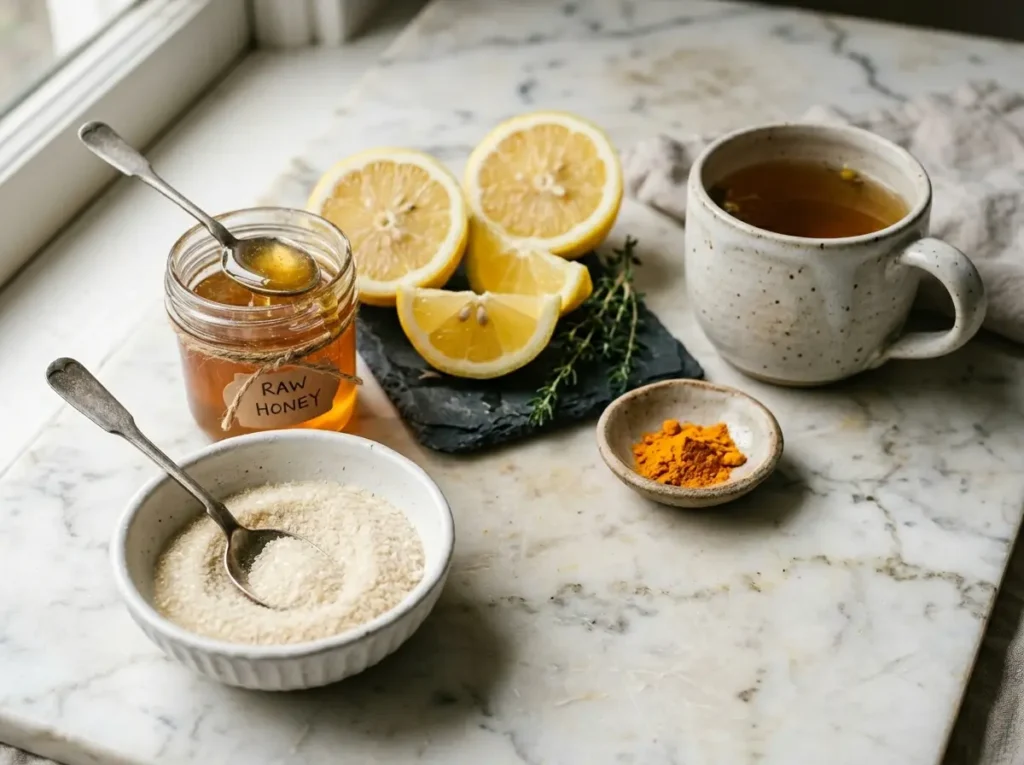 Flat lay of organic gelatin powder, raw honey, lemon slices, turmeric, and herbal tea on a clean white surface ready for recipe preparation.