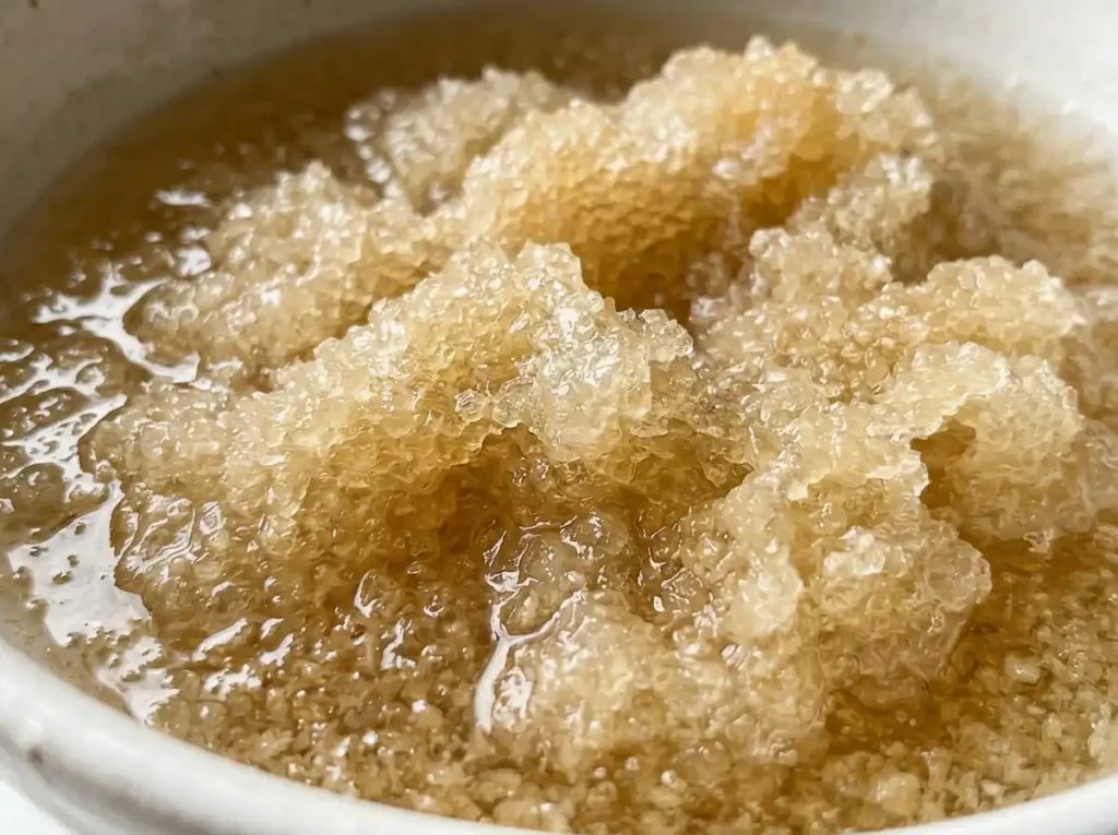Organic gelatin powder blooming in cold water in a white ceramic bowl, close-up shot showing the texture and natural color.