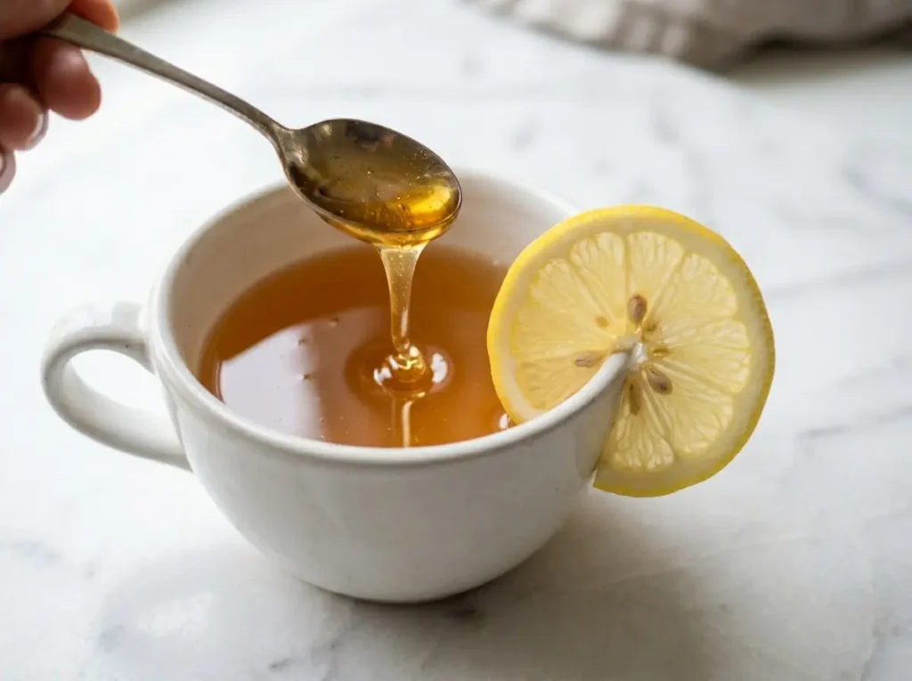 Raw honey being drizzled into a white cup of dissolved organic gelatin with a fresh lemon slice on the side, step 3 flavoring the organic gelatin recipe.
