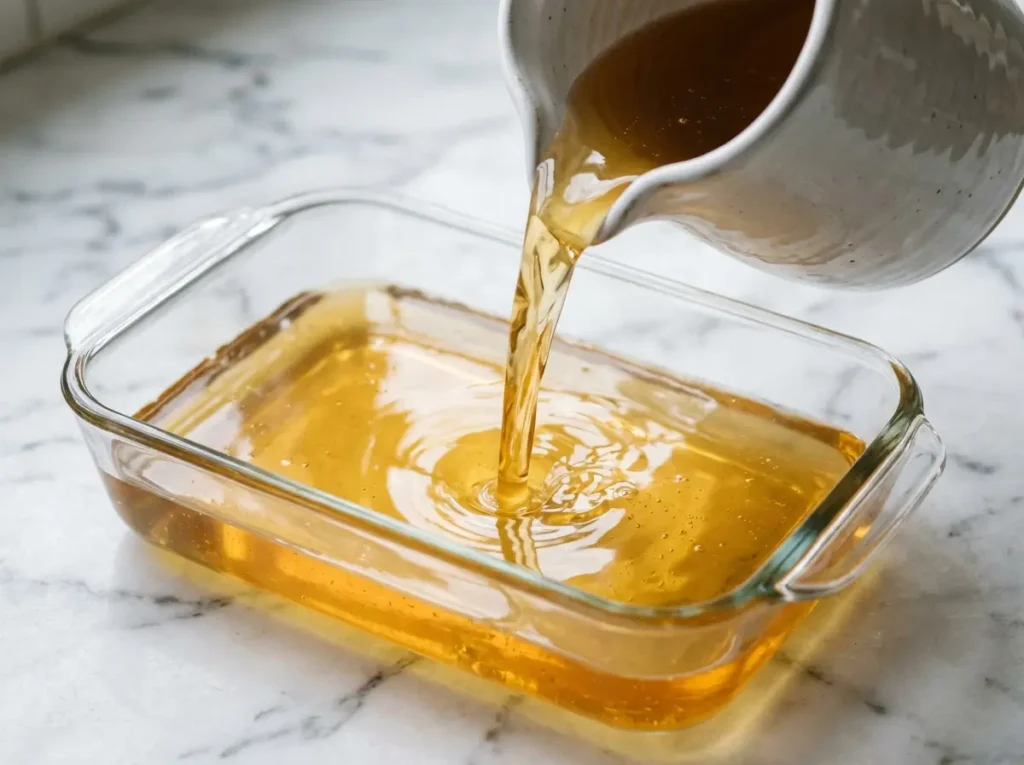 Organic gelatin mixture poured into a white glass dish setting in the refrigerator, clear golden liquid beginning to firm, step 4 of the organic gelatin recipe.