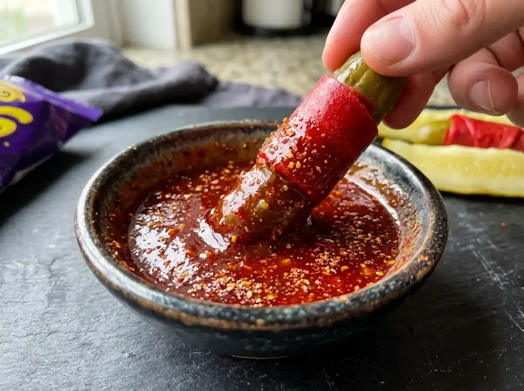 Chamoy sauce close up for pickle fruit rollup Takis chamoy snack recipe with lime and Tajín