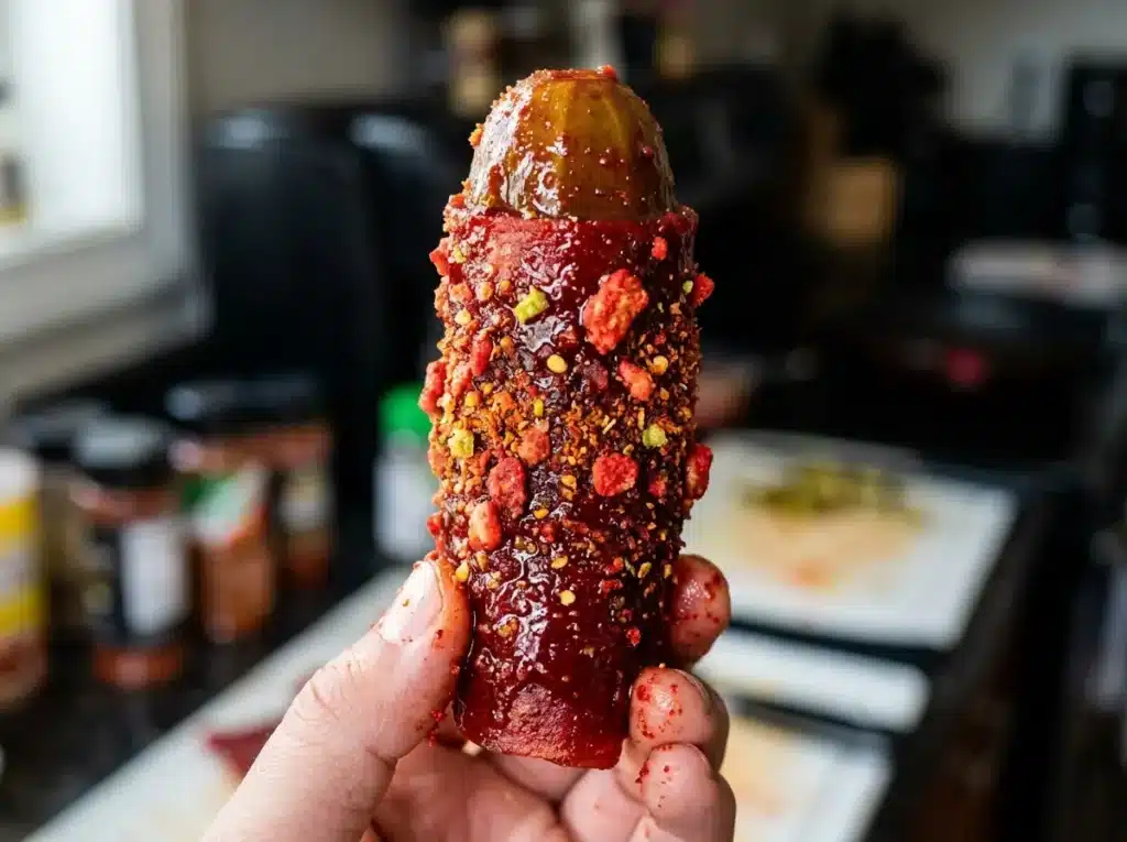 Final close up pickle fruit rollup Takis chamoy snack recipe with colorful coating