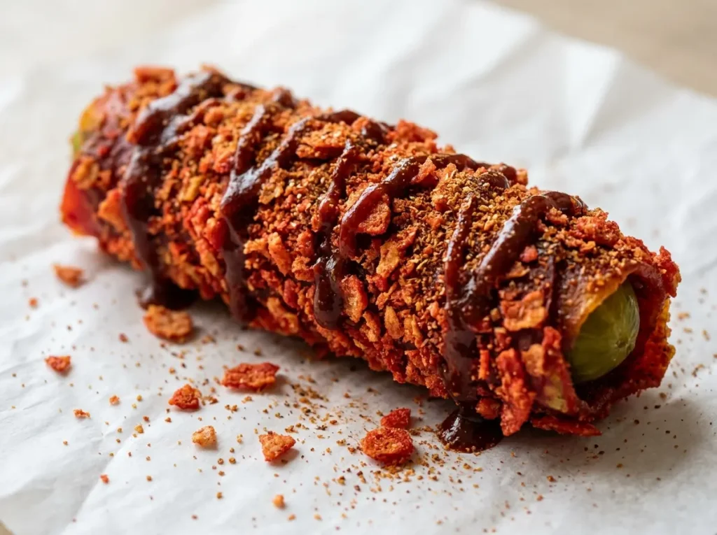 Finished pickle fruit rollup Takis chamoy snack recipe close up with Tajín and chamoy