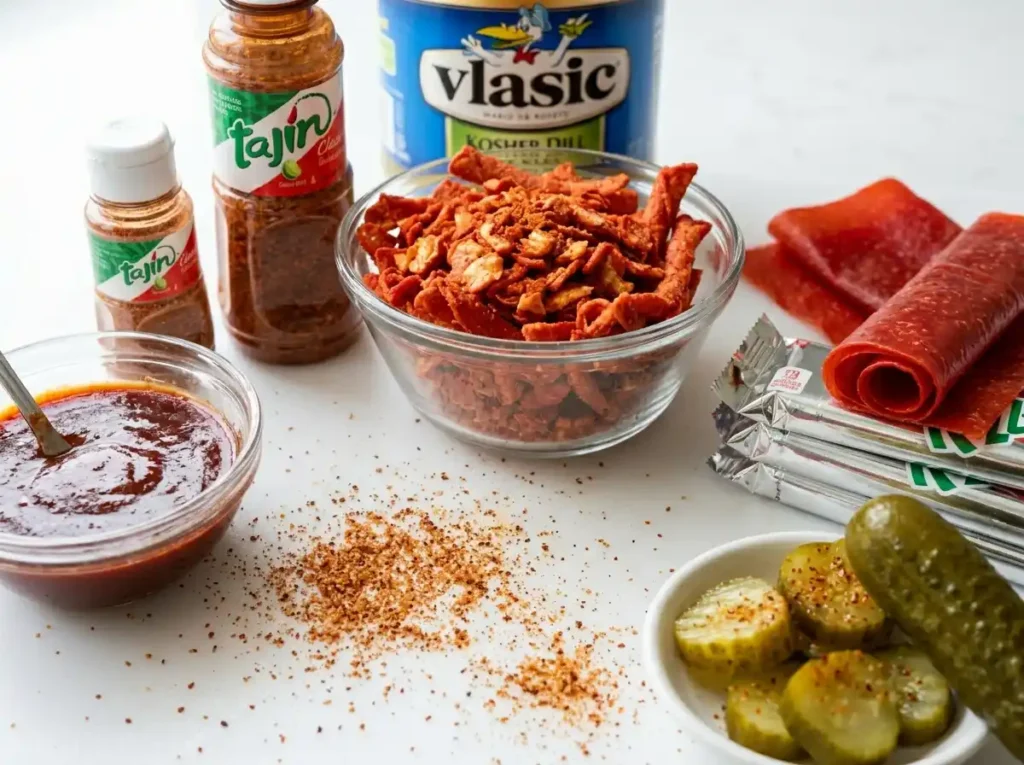 Pickle fruit rollup Takis chamoy snack recipe ingredients close up with dill pickles fruit roll-ups chamoy Tajín and Takis