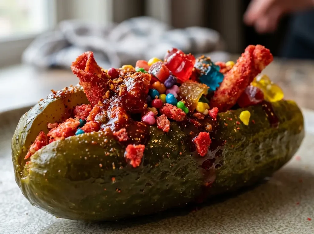 Stuffed pickle close up with Takis and candy for pickle fruit rollup Takis chamoy snack recipe