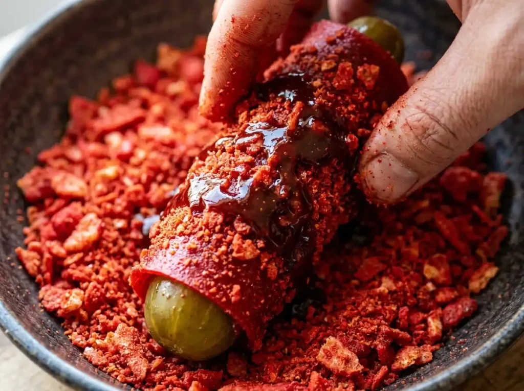 Pickle wrapped in fruit roll-up rolled in crushed Takis close up with chamoy