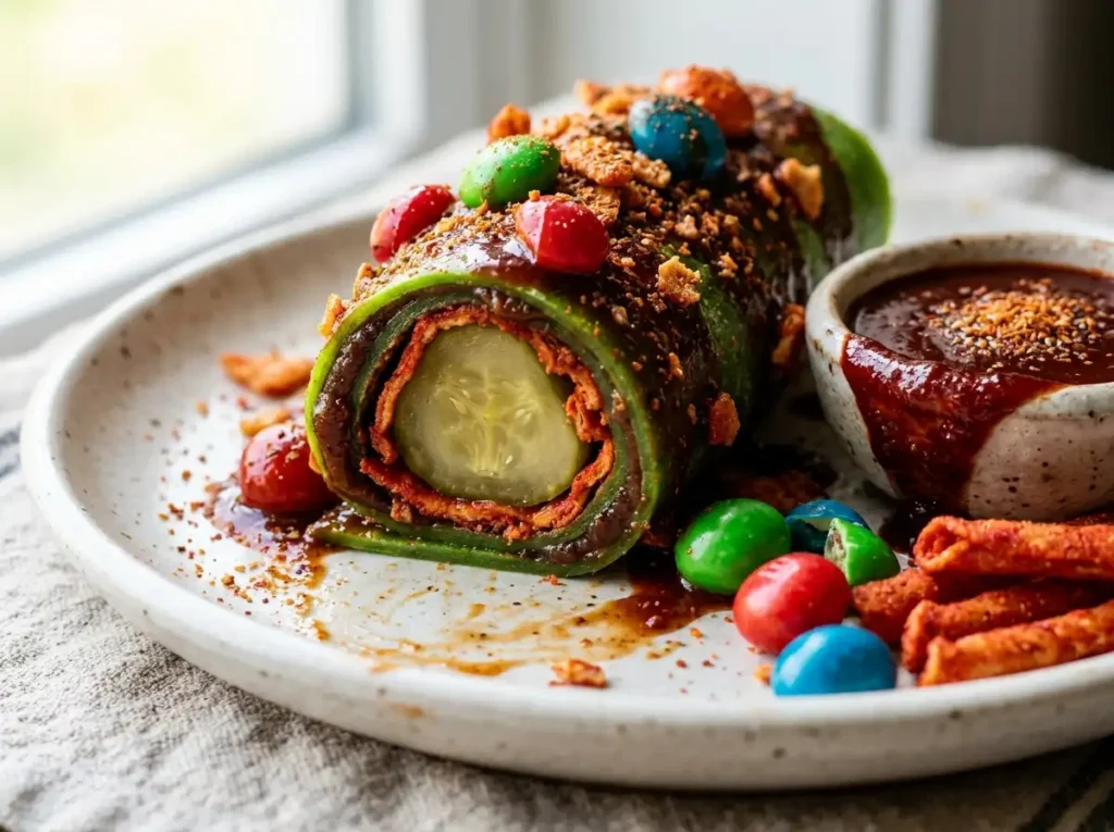 Chamoy pickle kit variation close up with fruit roll-up and Takis snack