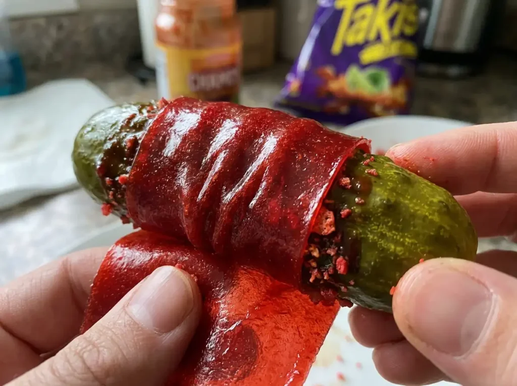 Fruit roll-up wrapped around pickle close up for pickle fruit rollup Takis chamoy snack recipe