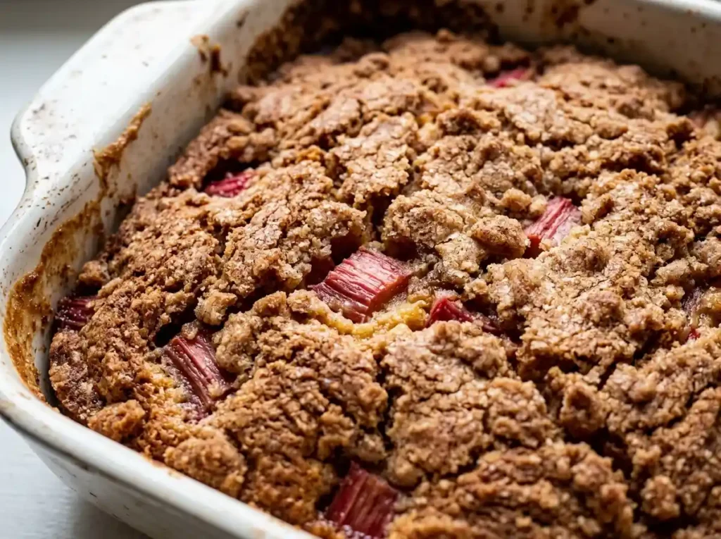 Deep golden baked rhubarb coffee cake recipe with cracked streusel crust and bubbling edges close-up