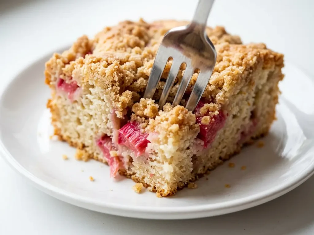 Fork pressing into a slice of rhubarb coffee cake recipe showing soft crumb golden streusel and pink rhubarb layer