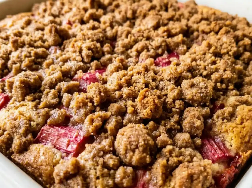 Current image: Freshly baked rhubarb coffee cake recipe in white square pan with thick golden brown sugar streusel topping