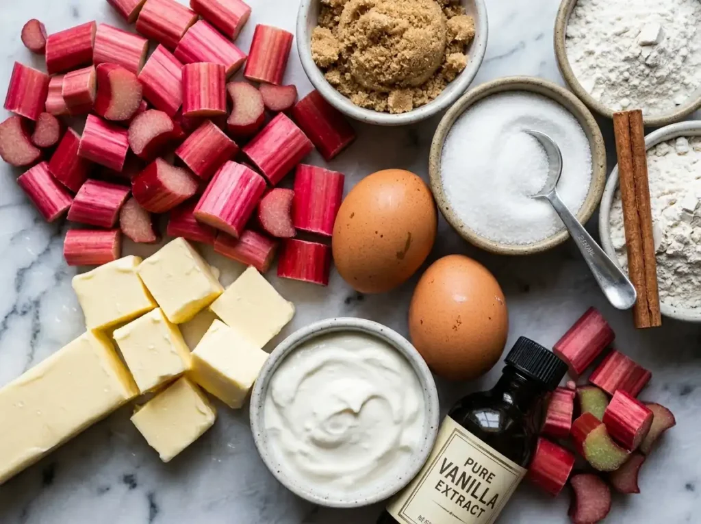  Fresh ingredients for rhubarb coffee cake recipe including rhubarb stalks butter brown sugar sour cream and flour on white surface