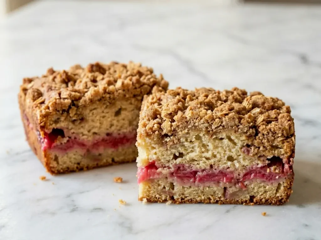 Sliced rhubarb coffee cake recipe with golden streusel topping and pink rhubarb layer visible inside vertical shot