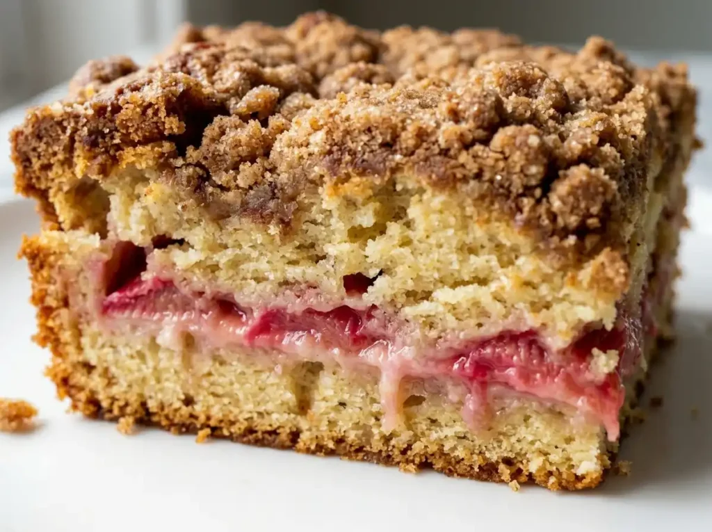 Single square slice of rhubarb coffee cake recipe on white plate showing golden streusel top and pink rhubarb layer inside