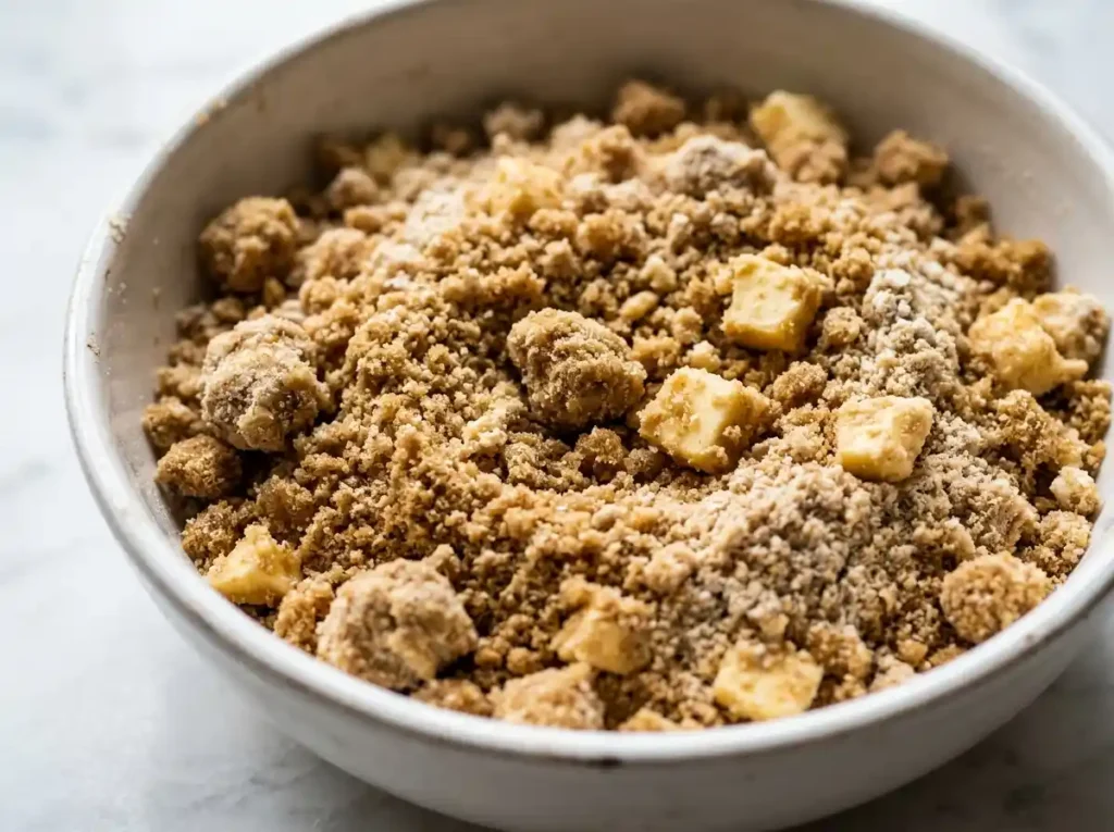 Sandy dry base mixture for rhubarb coffee cake recipe with cold butter rubbed into flour and brown sugar in white bowl