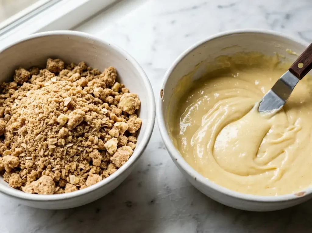 Two bowls side by side showing separated streusel and thick sour cream batter for rhubarb coffee cake recipe