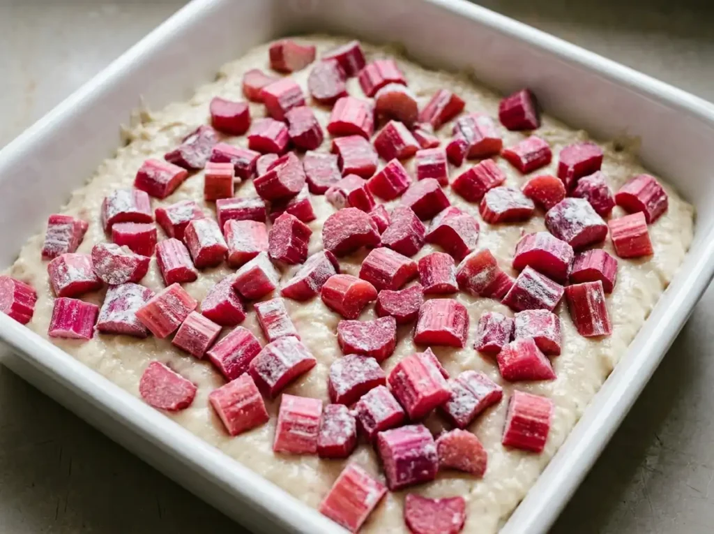 Bright pink rhubarb pieces scattered evenly over rhubarb coffee cake recipe batter in white baking pan