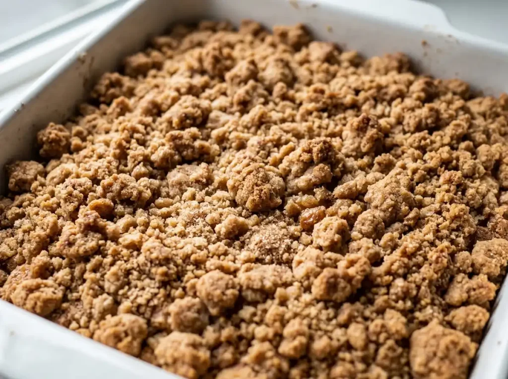Thick brown sugar cinnamon streusel covering entire surface of unbaked rhubarb coffee cake recipe in white pan