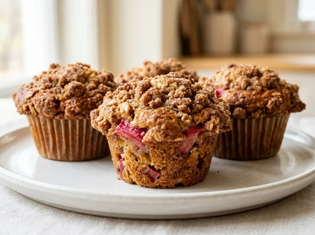 Current image: Freshly baked rhubarb muffins with golden cinnamon streusel topping on white ceramic plate