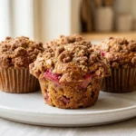 Freshly baked rhubarb muffins with golden cinnamon streusel topping on white ceramic plate