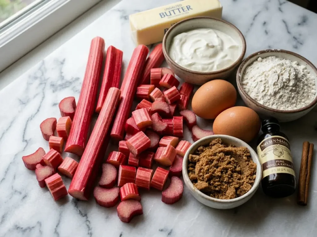 Fresh rhubarb muffins recipe ingredients including rhubarb stalks eggs sour cream butter and flour on white surface