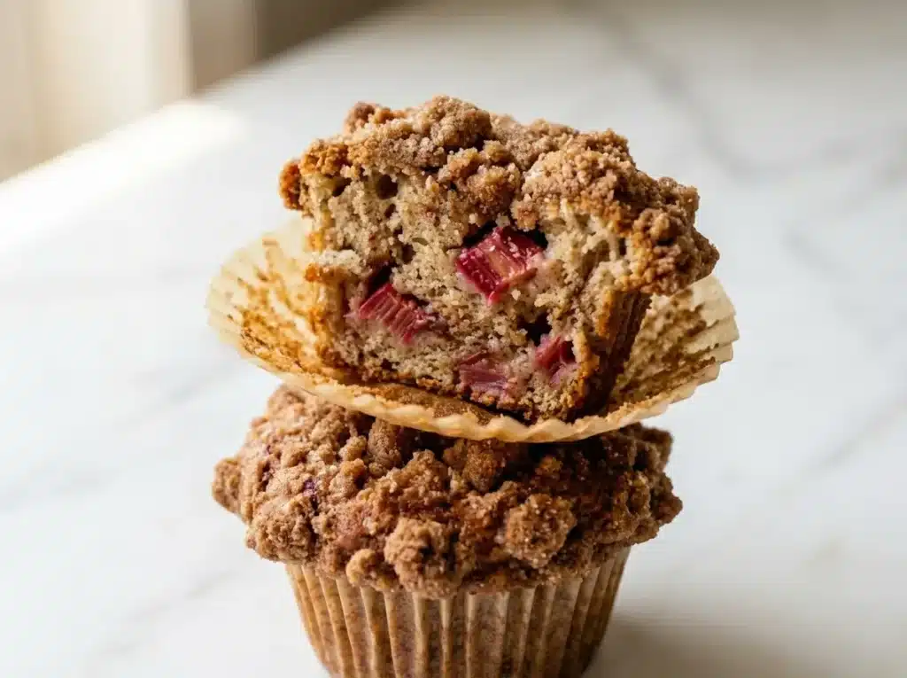 Golden rhubarb muffins with streusel topping stacked on white surface close-up vertical shot