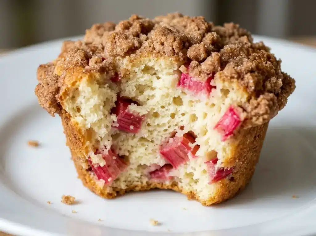Single rhubarb muffin split open on white plate showing fluffy crumb and pink rhubarb chunks inside