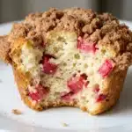 Single rhubarb muffin split open on white plate showing fluffy crumb and pink rhubarb chunks inside