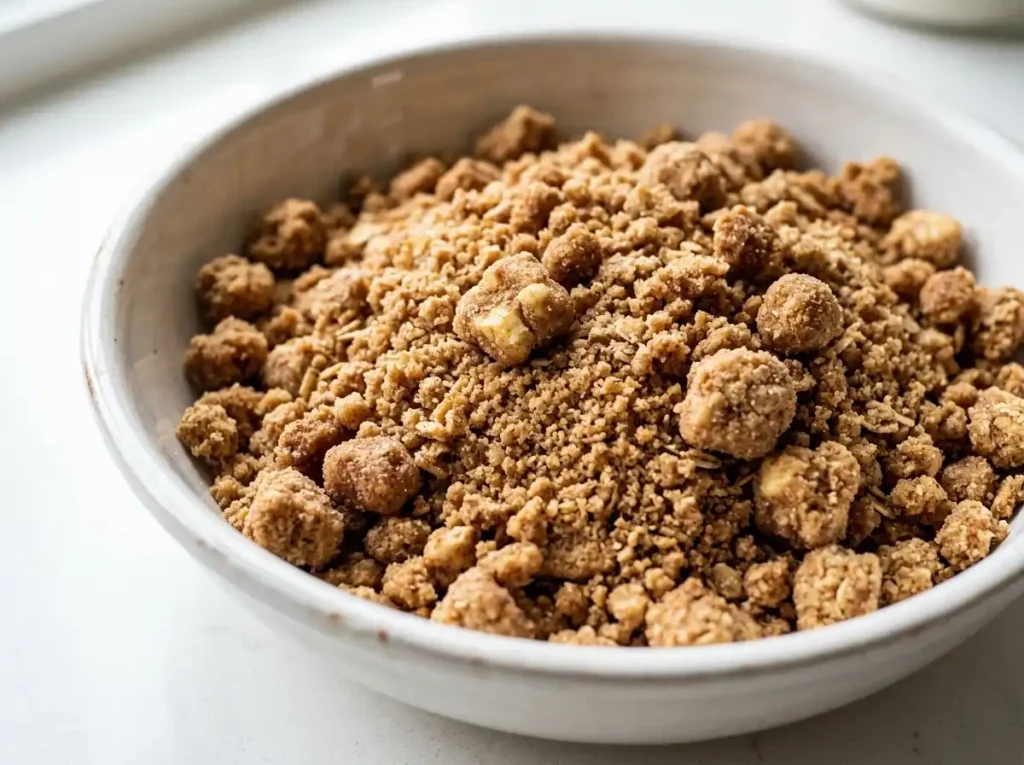 Buttery cinnamon streusel crumble for rhubarb muffins recipe being rubbed together in a white bowl