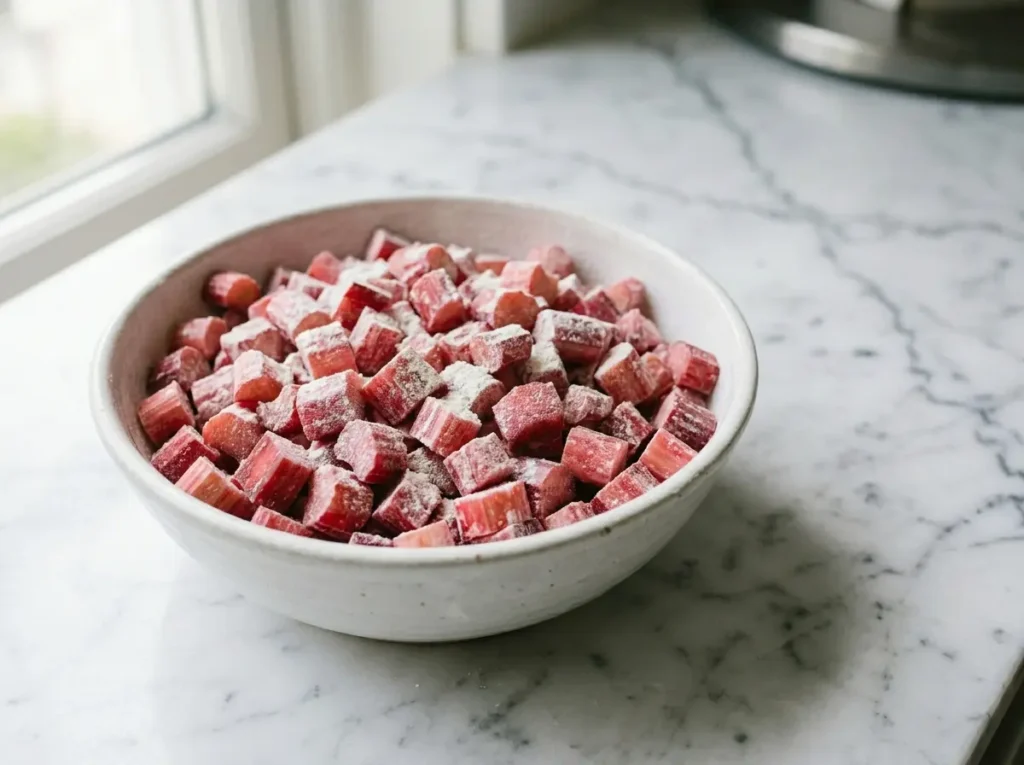 Fresh rhubarb chopped into half inch pieces tossed in flour for rhubarb muffins recipe