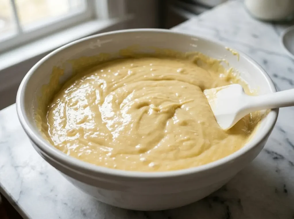 Thick creamy rhubarb muffins batter with sour cream and eggs whisked together in bowl
