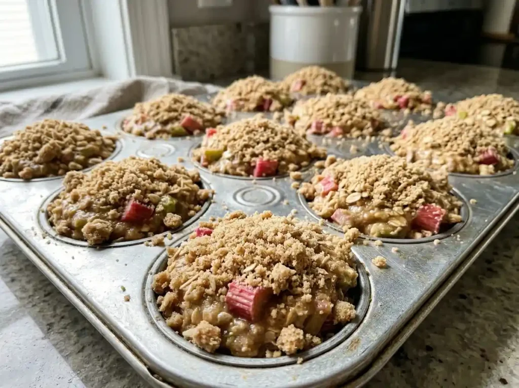  Rhubarb muffins batter filled to the top in a 12 cup muffin tin with streusel topping pressed on each