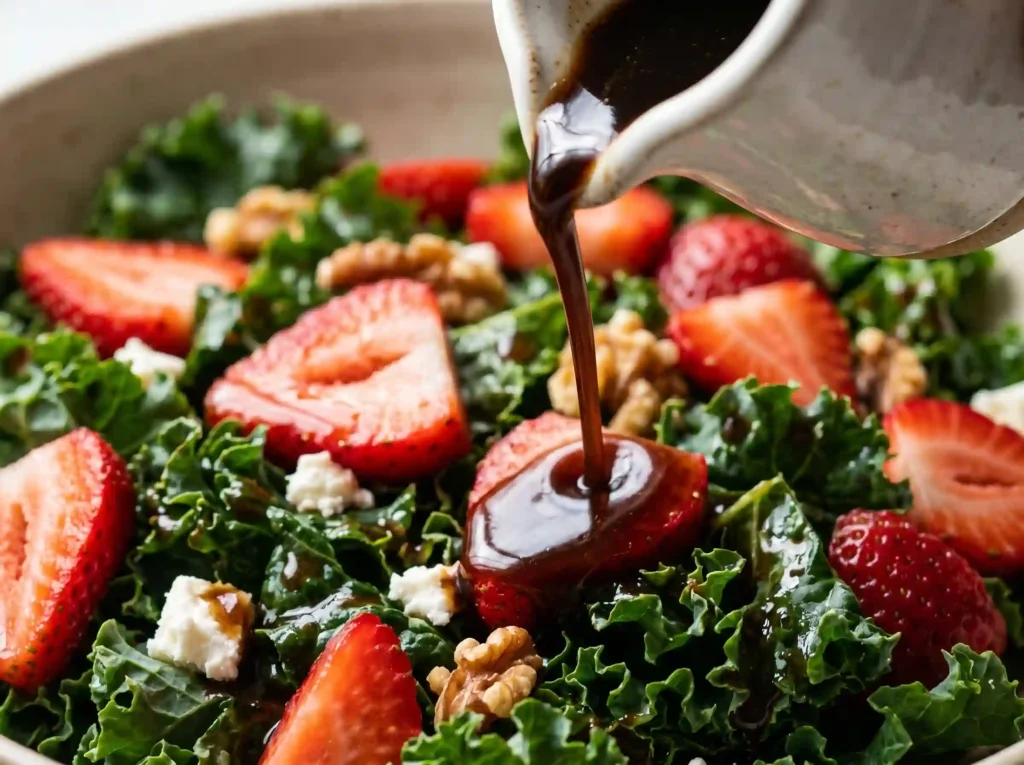 Balsamic dressing being drizzled over strawberry kale salad recipe close up