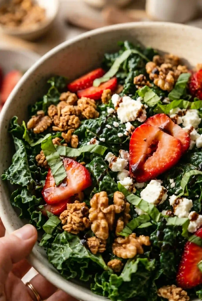Final close up strawberry kale salad recipe with fresh herbs strawberries feta and balsamic glaze