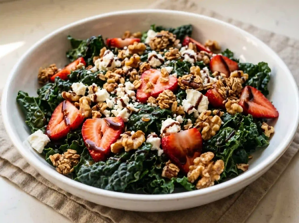 Finished strawberry kale salad recipe bowl close up with feta walnuts granola and balsamic glaze