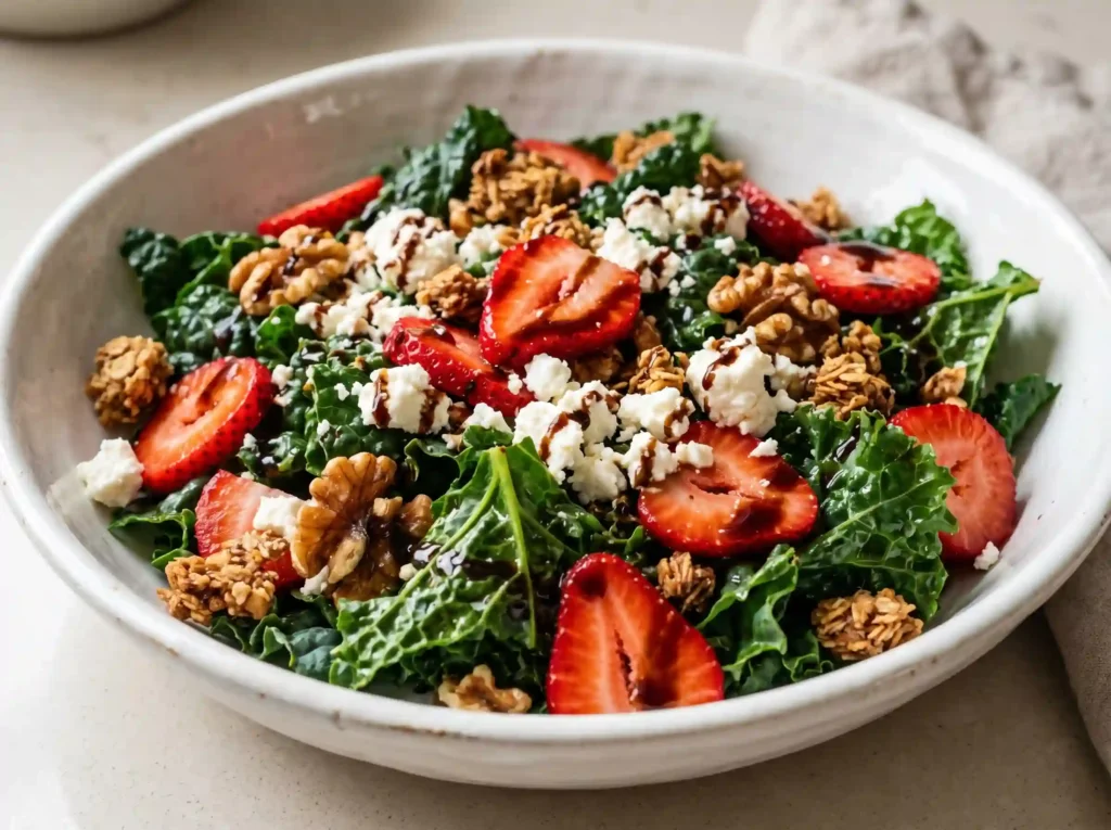 Current image: Close up strawberry kale salad recipe with fresh strawberries feta walnuts and balsamic dressing