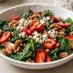 Close up strawberry kale salad recipe with fresh strawberries feta walnuts and balsamic dressing