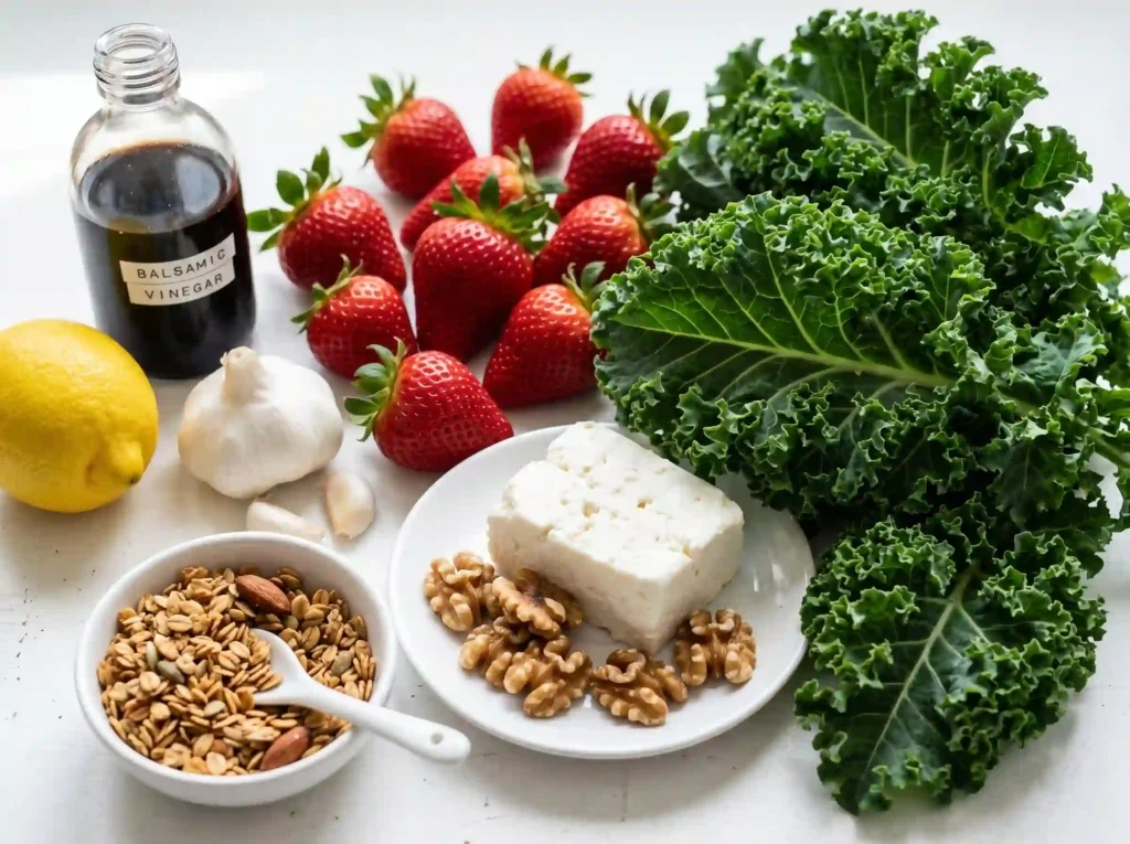 Strawberry kale salad recipe ingredients close up with kale strawberries feta walnuts and balsamic