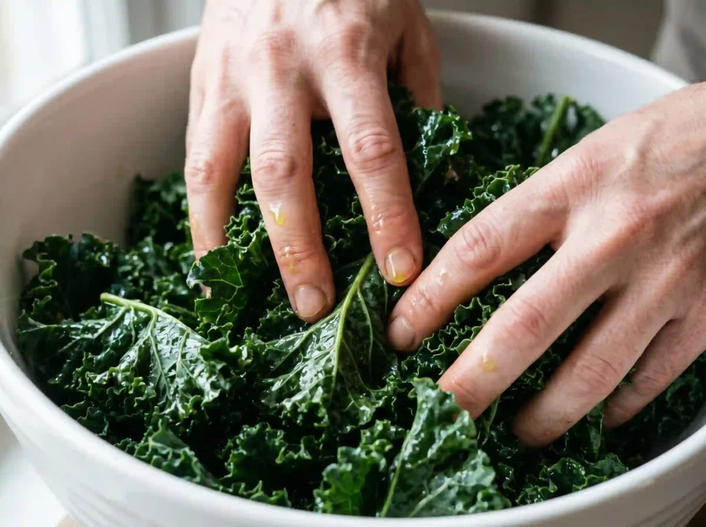 Hands massaging kale with olive oil and salt close up for strawberry kale salad recipe