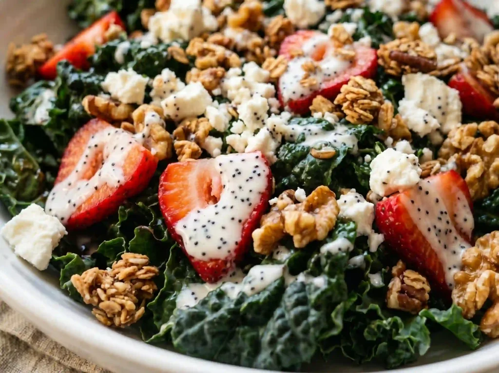 Strawberry kale salad with poppy seed dressing variation close up with creamy white dressing