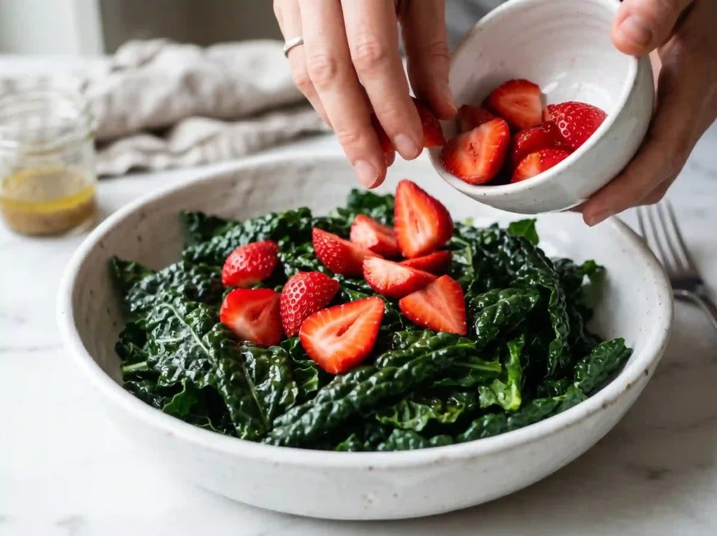 Fresh sliced strawberries being added to massaged kale close up for strawberry kale salad recipe
