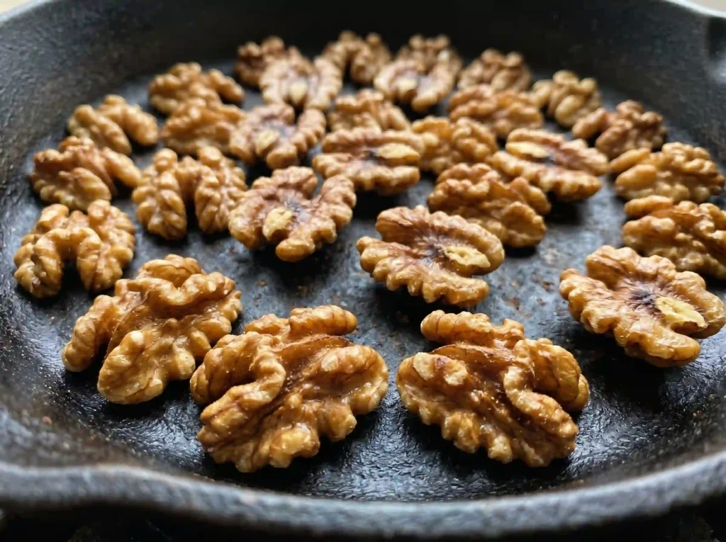 Walnuts toasting in a dry pan close up for strawberry kale salad recipe