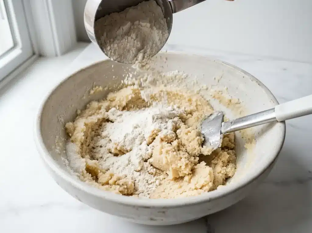 3 Ingredient Sugar Cookies: 7 Easy Baking Secrets 14 Flour being added to cookie dough close up for 3 ingredient sugar cookies