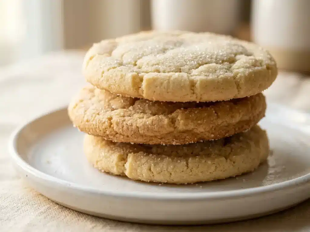 3 Ingredient Sugar Cookies: 7 Easy Baking Secrets 11 Current image: Close up 3 ingredient sugar cookies on a white plate with buttery soft texture