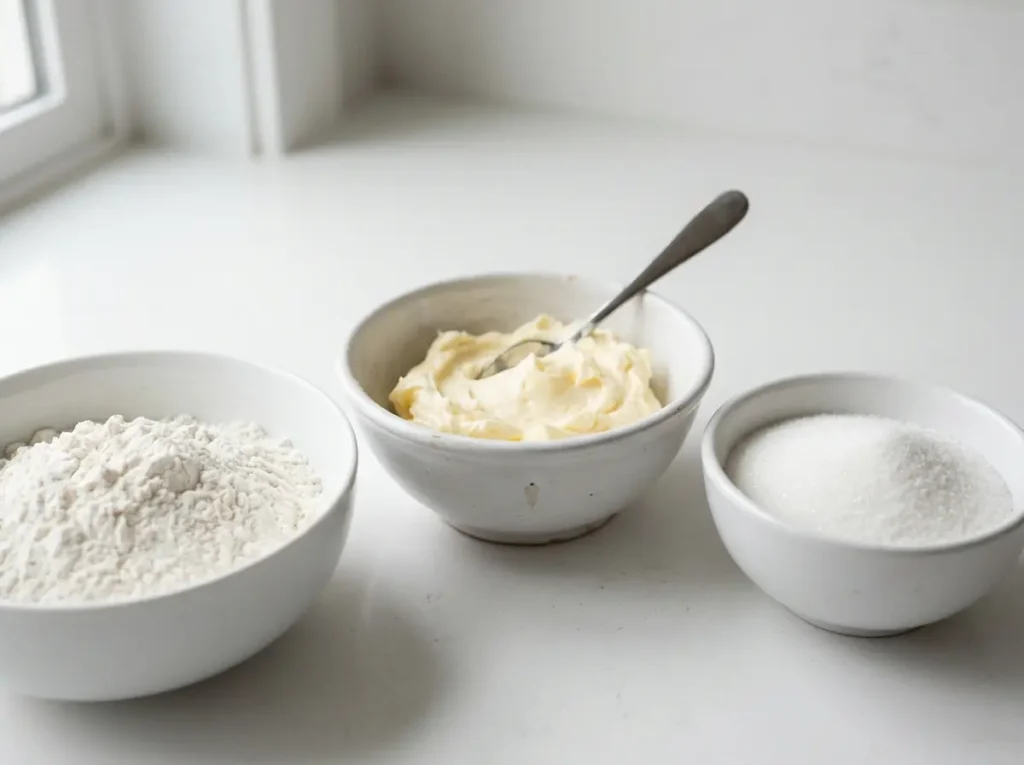 3 Ingredient Sugar Cookies: 7 Easy Baking Secrets 12 3 ingredient sugar cookies ingredients with butter sugar and flour close up