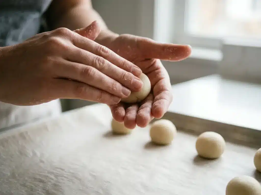3 Ingredient Sugar Cookies: 7 Easy Baking Secrets 15 Cookie dough balls being shaped close up for 3 ingredient sugar cookies