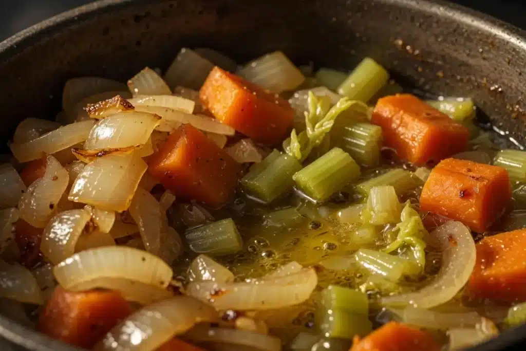 7 Best Cabbage Soup Weight Loss Tips That Actually Help 14 Onion carrot and celery softening in pot close up for cabbage soup weight loss