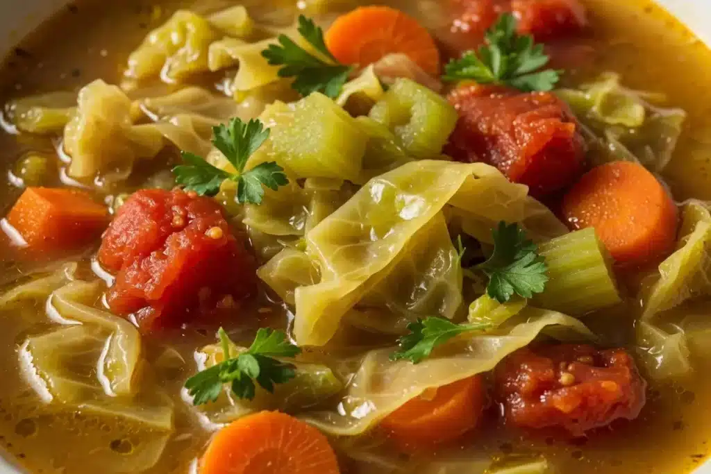 7 Best Cabbage Soup Weight Loss Tips That Actually Help 22 Final close up cabbage soup weight loss bowl with cabbage tomatoes carrots and herbs