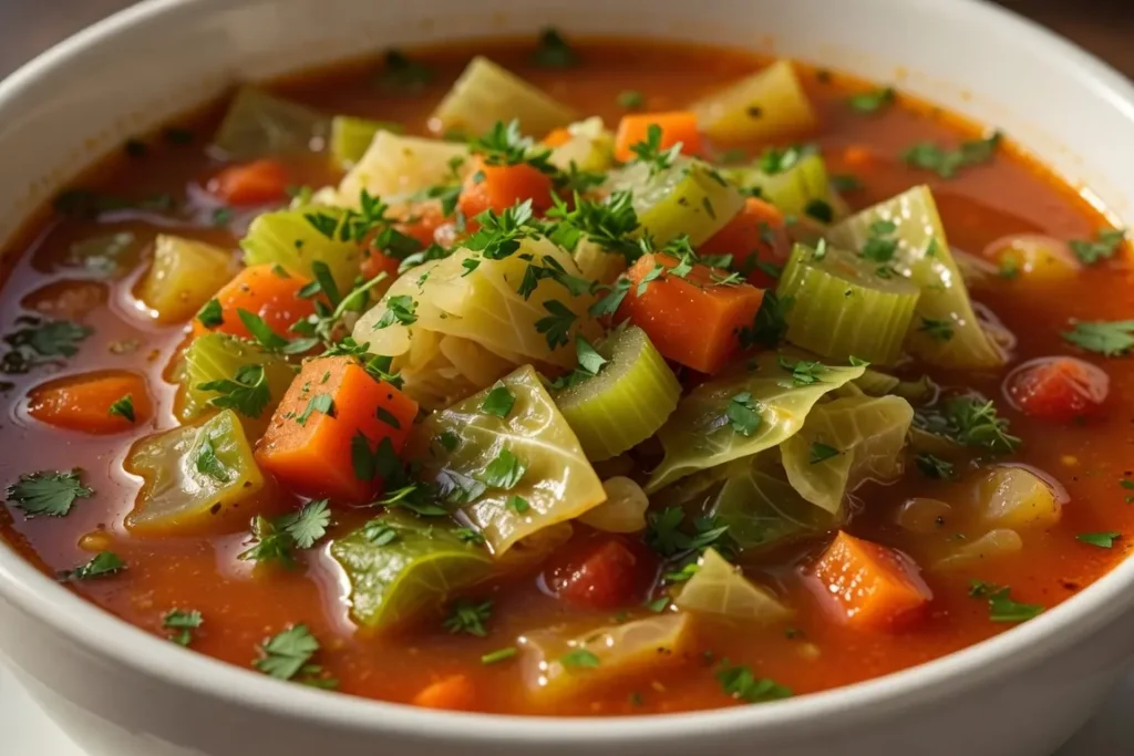 7 Best Cabbage Soup Weight Loss Tips That Actually Help 19 Finished cabbage soup weight loss bowl close up with parsley and lemon