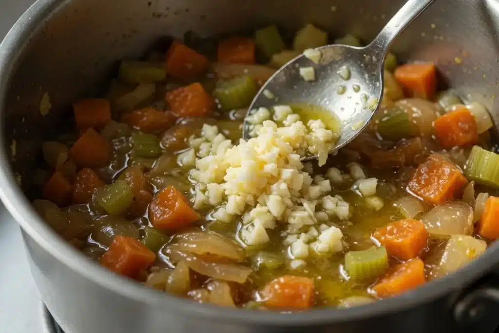7 Best Cabbage Soup Weight Loss Tips That Actually Help 15 Garlic being stirred into soup pot close up for cabbage soup weight loss